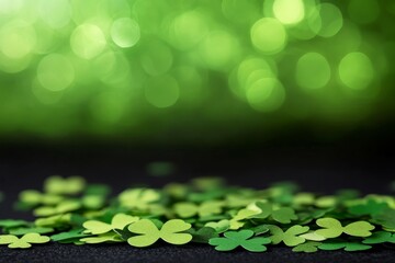 Aufkleber - Close-up of St. Patrick's Day-themed clover confetti scattered across a dark surface, enhanced by a soft green bokeh, creating a joyful and festive mood