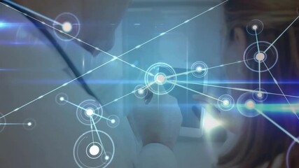Poster - Senior woman holding stylus pen tapping tablet, overlaying digital network nodes for technology