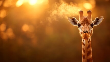 Poster - Curious giraffe gazes directly at the viewer in the wild savannah, captivated by its surroundings during a warm sunset, creating a serene and enchanting atmosphere