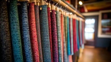 Leinwandbilder - Textiles in various colors and patterns are beautifully arranged on wooden hangers in a well-lit boutique, inviting shoppers to explore a stylish selection of apparel