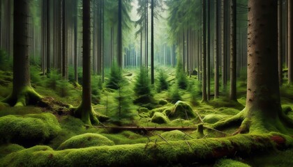 Wall Mural - forest floor and trees thickly carpeted in moss