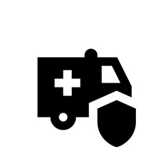 Poster - Black and white ambulance icon with a cross and shield representing healthcare and protection service
