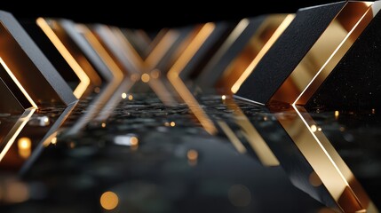 Poster - abstract design featuring converging gold and black geometric shapes.