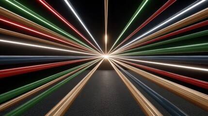 Poster - Multicolored radiating lines converging toward a central point.