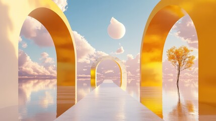 Poster - Conceptual render of abstract tunnel in yellow with floating clouds, dreamy atmosphere