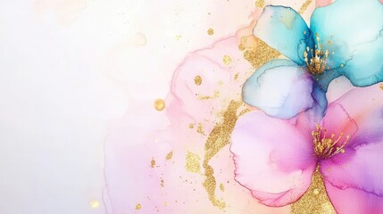 Poster - Elegant white and blue watercolor fluid background with marble textures and golden dust shimmer
