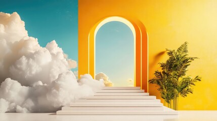 Poster - Modern design with bold yellow tones and light clouds emerging from central tunnel