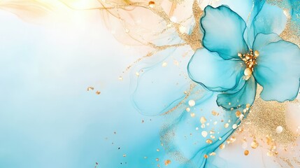 Poster - Soft pastel blue and white watercolor swirls with metallic gold accents on textured canvas