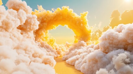 Poster - Surreal 3D yellow tunnel scene with soft white clouds emerging through the center