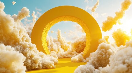 Poster - Yellow monochrome space with circular tunnel and drifting white clouds in 3D render