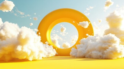 Poster - Yellow monochrome space with circular tunnel and drifting white clouds in 3D render