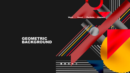 Poster - Abstract geometric design. Red, black, white shapes overlap. Website navigation visible at top. Modern aesthetic, clean lines present.