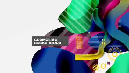 Poster - Abstract colorful shapes overlap. Dynamic composition features gradients, lines, circles. Modern design suitable for backgrounds, presentations.