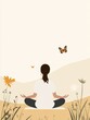 © puritut - woman doing yoga on a mat in a spring meadow, surrounded by butterflies and wildflowers, peaceful lifestyle scene, flat minimal design, gentle colors.