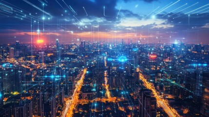 Poster - Cityscape network connectivity with futuristic digital data streams overlay