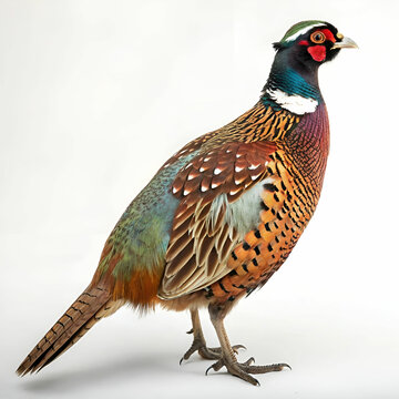 A beautiful, colorful quail on a white background.
