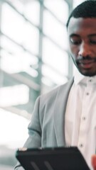 Aufkleber - Happy, business and black man in office, tablet and internet with research for profit report. African person, employee or investor in workplace, tech or connection with online proposal for investment