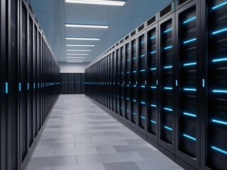 Poster - Data center with server racks in a technology corridor