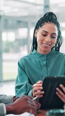 Poster - Business, presentation and woman with tablet, smile and ideas for proposal in meeting and investment. Corporate, investor and people with tech for research, digital and pitch for project in office