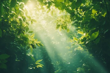 Wall Mural - sunlight streams through lush green leaves in the forest canopy. use this image to illustrate nature