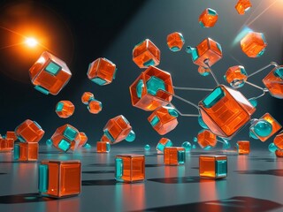 Aufkleber - Abstract Orange and Teal Cubes Connected by Wires