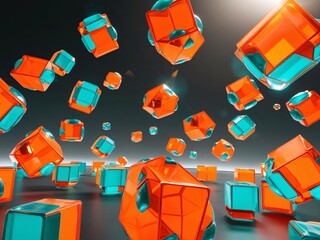Aufkleber - Floating Abstract 3D Orange and Teal Transparent Cubes