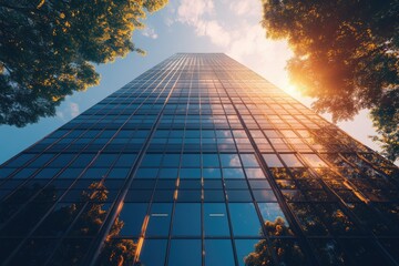 Poster - A towering skyscraper reflecting the sun and sky, framed by lush green trees.