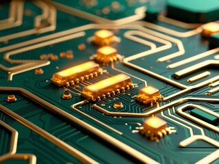 Poster - Intricate Close-Up of Green and Gold Circuit Board with Components