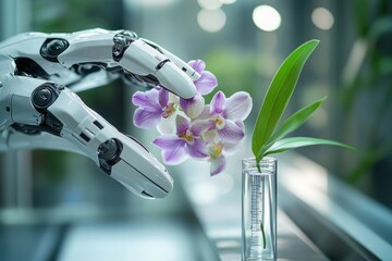 Aufkleber - A robotic arm delicately interacts with a vibrant orchid in a lab setting, showcasing advancements in automation and biotechnology.