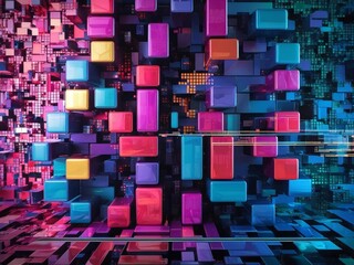 Poster - Abstract Digital Blocks in Vibrant Neon Colors