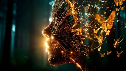 Poster - Human head with glowing sparks emitting from it, transforming into a fire breathing creature