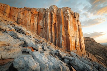 Poster - Majestic sandstone cliff face, exhibiting vertical striations, bathed in the warm glow of sunset.