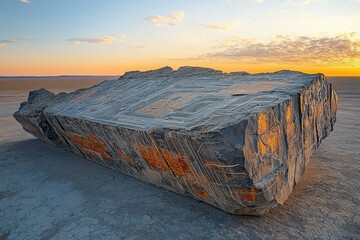 Aufkleber - Massive engraved stone rests on a desolate plain during a vibrant sunrise, showcasing intricate carvings.