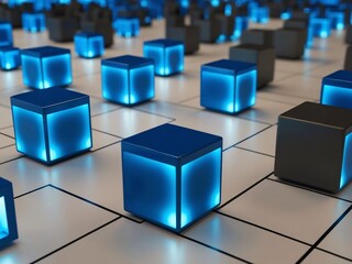 Poster - blue luminous cubes on white grid