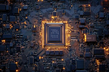 Poster - Close-up view of a circuit board with a central processor, showcasing intricate electronic components and glowing connections.