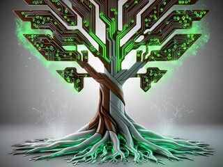 Poster - Digital Tree of Life Concept with Circuit Board Branches and Glowing Roots