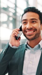 Aufkleber - Phone call, walking and man with smile, office and conversation for listing of property and plan. Business, real estate agent and person with mobile for communication, happy and talking with contact