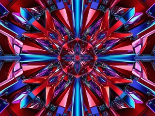 Poster - Abstract Geometric Kaleidoscope with Red, Blue, and Crystal Reflections