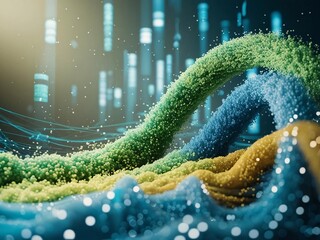 Poster - Abstract Data Stream Visualization with Green, Blue, and Yellow Strands