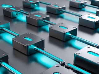 Aufkleber - Network of metallic nodes connected by glowing blue lines.