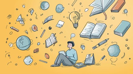 Aufkleber - Student surrounded by floating icons: book, globe, pencil, lightbulb