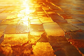 Aufkleber - Golden sunlight illuminates a stone paved path, creating a warm and textured surface.
