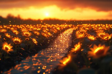 Poster - Sunflowers glowing at sunset, water flowing through the field creating a magical scene.