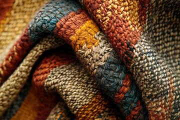 Aufkleber - Close-up of a richly textured knitted fabric in autumnal colors, showcasing intricate details and warm hues.