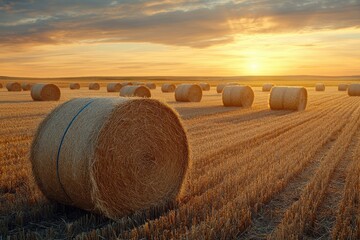Aufkleber - Golden hour sunset over a field of hay bales in a rural landscape.