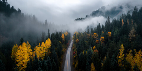 Poster - Aerial view of a winding road through a foggy forest with yellow autumn trees, showcasing tranquility and the beauty of nature's seasonal change