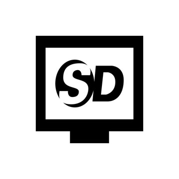 Illustrated black and white monitor displaying the letters sd in a bold and modern sans serif font style