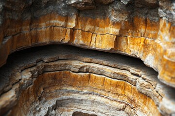 Leinwandbilder - Layered rock formation with rich, golden-brown and grey hues, showcasing intricate geological strata.