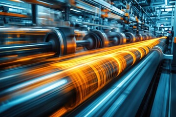 Poster - High-speed industrial rollers process material in a dynamic manufacturing environment.