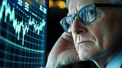 Poster - Serious man reviewing financial data on a screen.